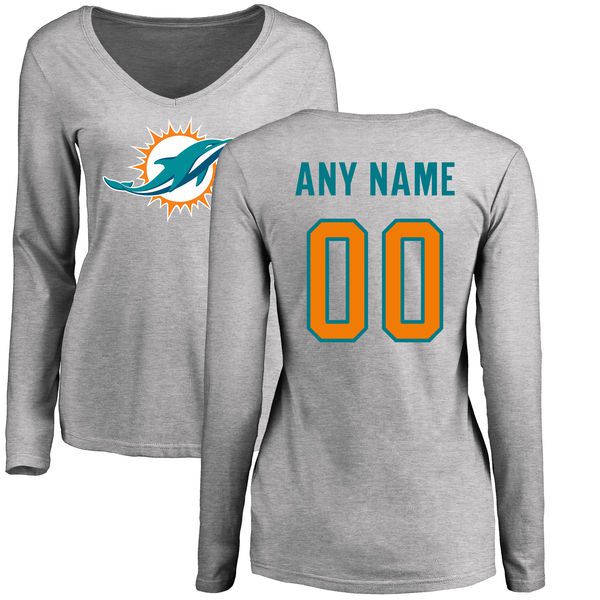 Women Miami Dolphins NFL Pro Line Ash Custom Name and Number Logo Slim Fit Long Sleeve T-Shirt